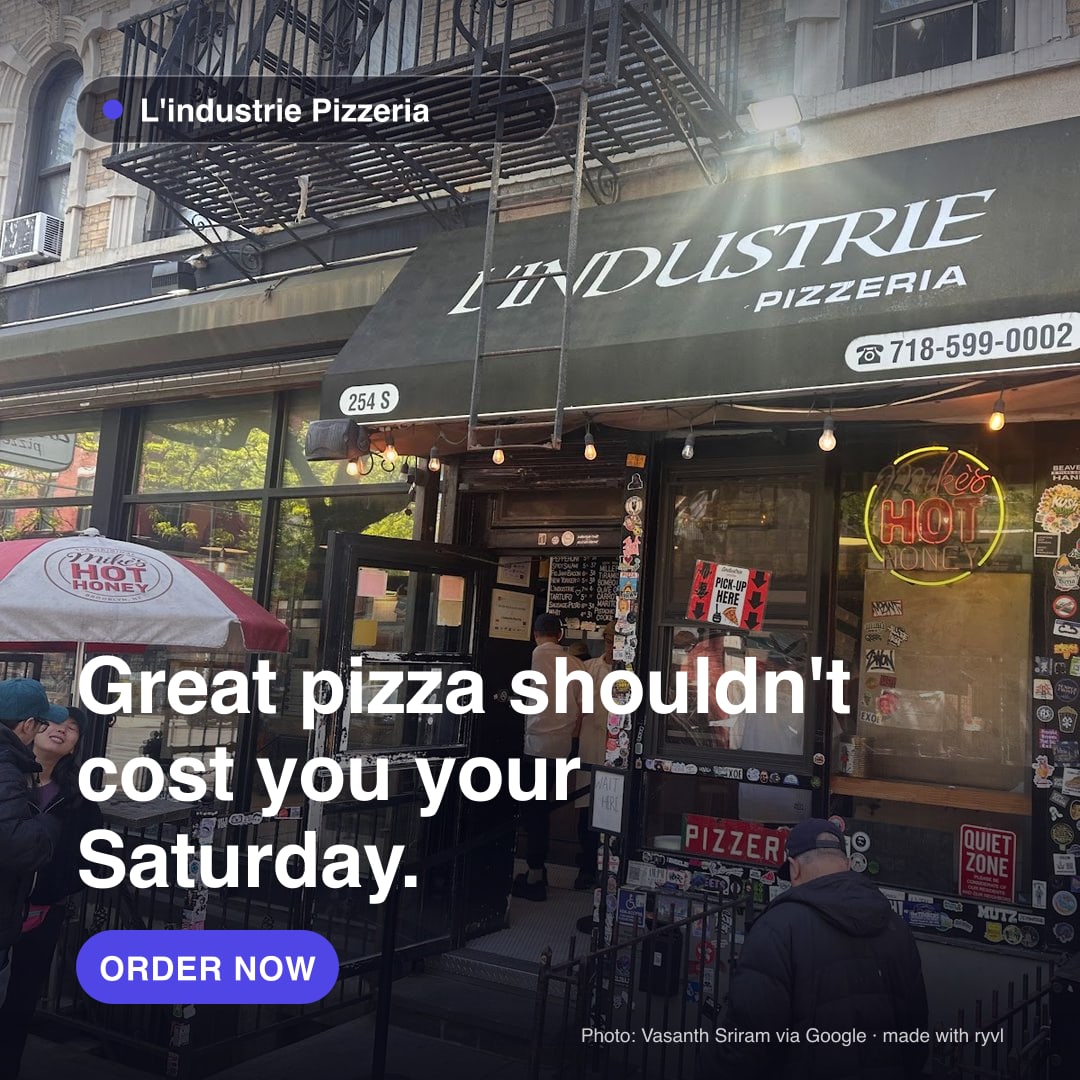 Instagram / Facebook post creative for L'industrie Pizzeria: Great pizza shouldn't cost you your Saturday.